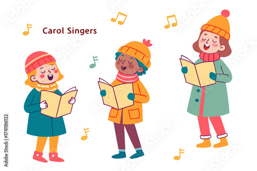 Christmas carol singers with music notes, festive illustration isolated on white background