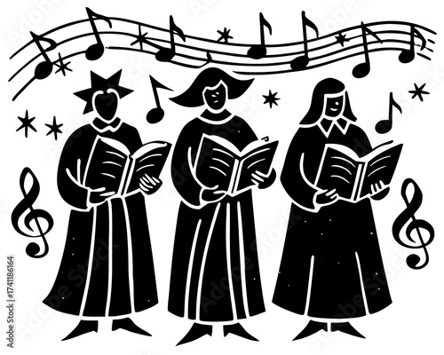 Christmas carol singers with music notes, festive illustration 