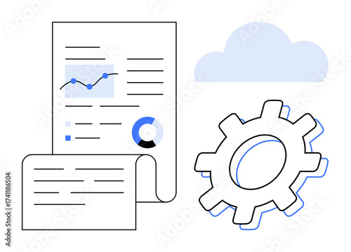 Analytical documents with graphs and charts, large gear symbolizing processes, subtle cloud signify cloud storage. Ideal for data analysis, workflow, cloud computing, system setup, reports