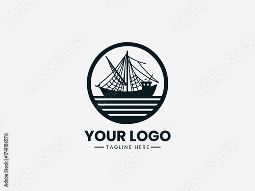 Traditional historic sailing boat vector logo with detailed sails and wooden hull for maritime museum