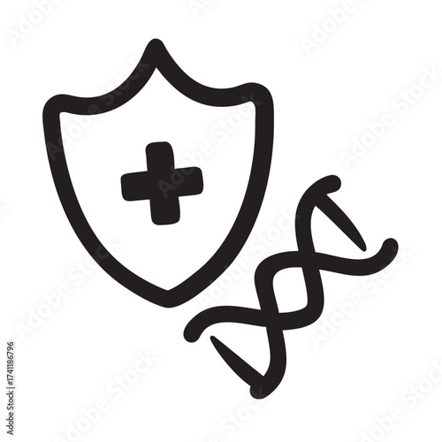 A laconic hand-drawn icon symbolizing the genetic protection of health: a shield with a medical cross - immunity and protection, and a DNA spiral - the genetic code.