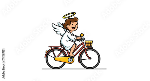 Whimsical illustration of a cheerful angel riding a bicycle with a basket filled with flowers