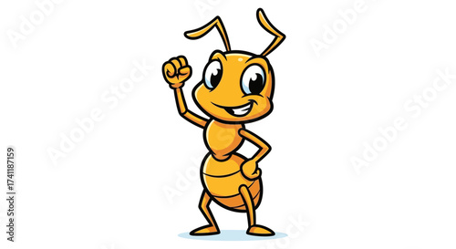 Cheerful ant cartoon character isolated on white background with happy expression