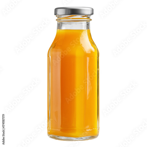 Fresh Orange Juice Bottle – Glass Container with Metal Cap, Isolated Transparent Background