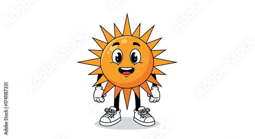 Cheerful sun cartoon character with sneakers radiates positivity and fun illustration