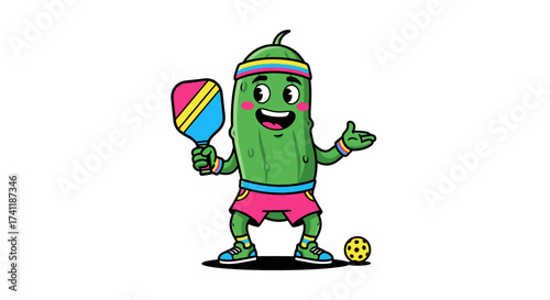 Funny pickle cartoon character playing pickleball with colorful paddle and headband happy