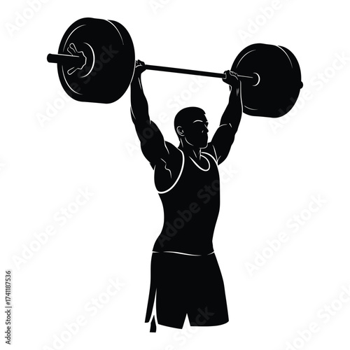 Silhouette of a muscular athlete lifting a heavy barbell overhead in a gym fitness workout silhouette