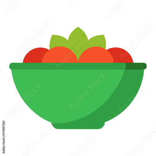 Green bowl filled with tomatoes and lettuce isolated on white background