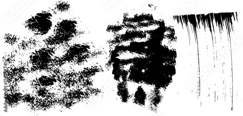 Distressed Black Ink Splatter Textures on White Background.