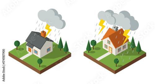 Isometric thunderstorm over houses rain and lightning strikes on small homes