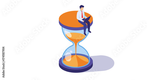 Businessman waiting on giant sand timer time management concept in isometric style