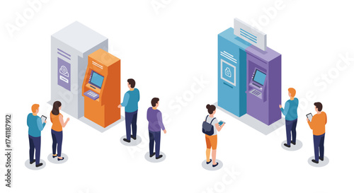 People using modern atm machines in isometric design