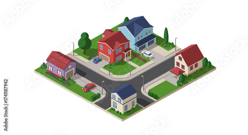 Isometric suburban neighborhood with colorful houses and cars on a crossroad