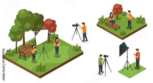Isometric outdoor photography session with equipment and photographers