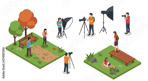 Isometric photography scenes with photographers and outdoor settings