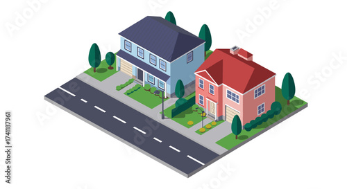 Isometric suburban houses with trees and road on white background