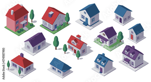 Isometric collection of colorful houses with trees in various architectural styles