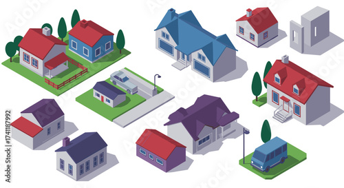 Colorful isometric houses and buildings collection with cars and trees