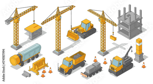 Isometric construction site with cranes, trucks, and equipment