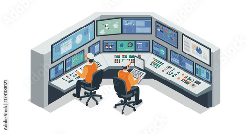 Modern isometric control room with engineers at workstations