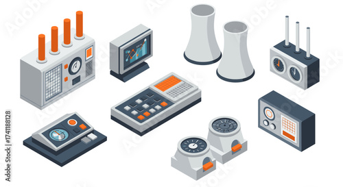 Isometric nuclear plant equipment set with control panels and cooling towers