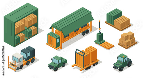 Isometric cargo and logistics vehicles with shipping crates and boxes