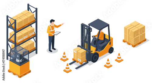 Warehouse operations with forklift and worker in isometric design