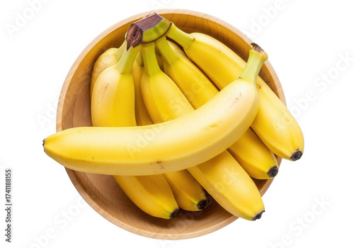 Yellow bananas in wooden bowl isolated on a transparent background