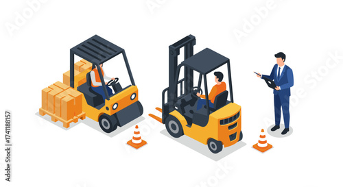 Isometric forklifts and supervisor with clipboard on warehouse floor