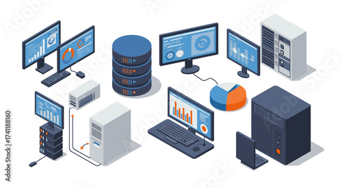 Isometric data center setup servers, networks, and analytics in a virtual workspace
