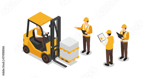 Warehouse safety team supervising forklift operations with workers in isometric design