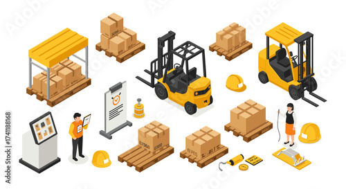 Isometric warehouse logistics with forklifts, pallets, and safety equipment