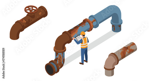 Isometric worker inspecting rusty industrial pipes for maintenance