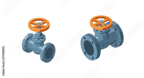 Isometric valve set with orange handles on white background for industrial design