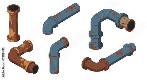 Rusty industrial pipes set with weathered texture in isometric style