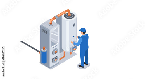 Isometric technician repairing industrial boiler system in a factory setting