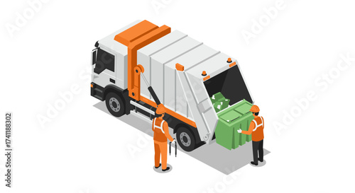 Isometric garbage truck with workers collecting trash in urban setting