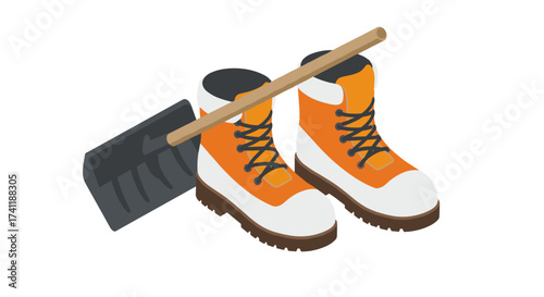 Isometric winter boots and snow shovel illustration for seasonal preparedness