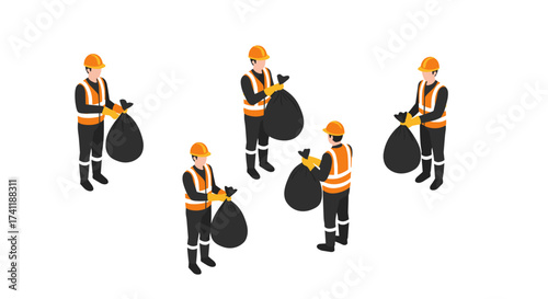 Isometric workers in safety gear collecting trash