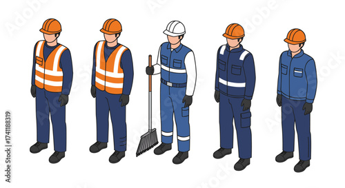 Diverse workers in uniforms wearing protective gear and safety equipment