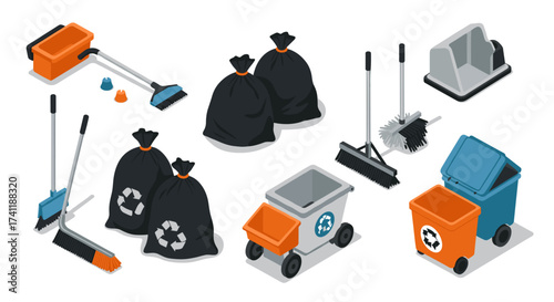 Essential cleaning equipment collection with trash bins, garbage bags, and cleaning tools