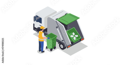 Isometric garbage truck with worker collecting recycling bins in urban environment
