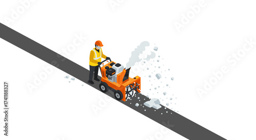 Road construction worker using concrete cutter on asphalt