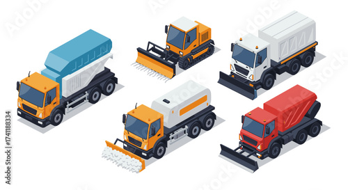 Isometric construction and snow removal vehicles on white