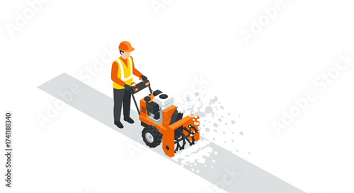 Worker operating snow blower on road in isometric style