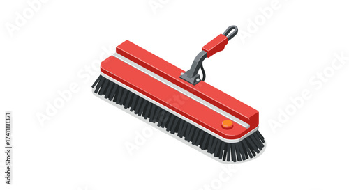 Isometric red broom with black bristles on white background