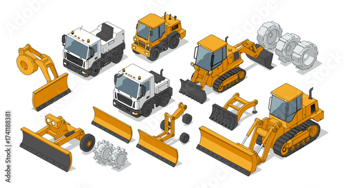 Isometric construction equipment set with bulldozers and excavators