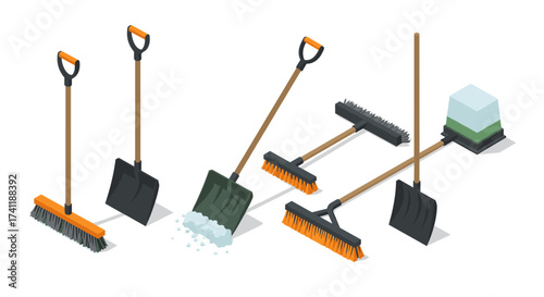 Isometric cleaning tools set with brooms and shovels on white background