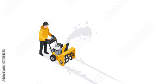 Isometric man operating snow blower on winter day