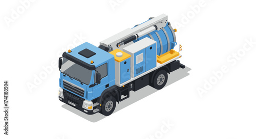Isometric vacuum truck illustration for industrial waste management and sanitation